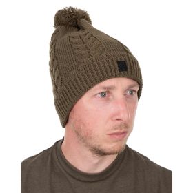 Fox Cable Knit Bobble Hat Khaki- bojtos sapka
