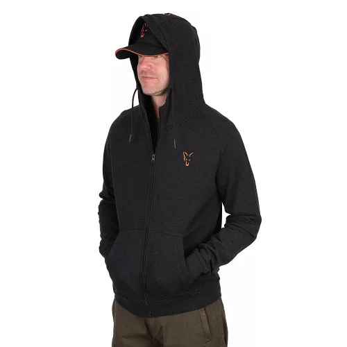 FOX COLLECTION LW HOODY BLACK & ORANGE Size M - Zippzáras kapucnis pulóver M méret prémium Fox International horgásztermék.